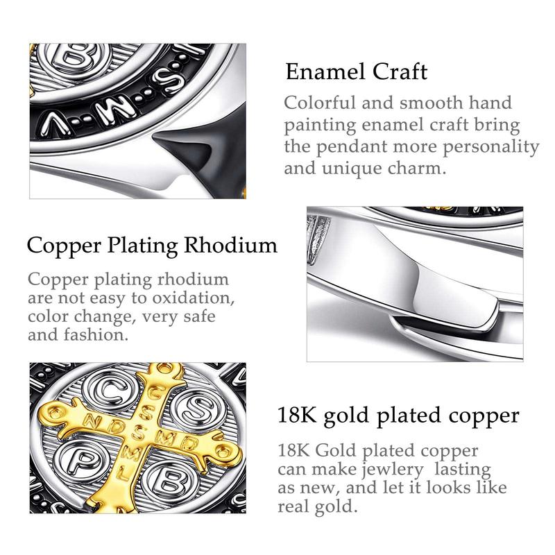 Eudora Saint Benedict Ring, Silver-Plated Protective Statement Ring, Vintage San Benito Cross for Men Adjustable Religious Jewelry