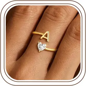 Initial Ring for Teen Girls Women Mom - Adjustable Initial Rings Dainty 14K-Gold-Plated Rings Love Heart Ring Jewelry Gifts for Women Mom Wife Girlfriend Teen Girls