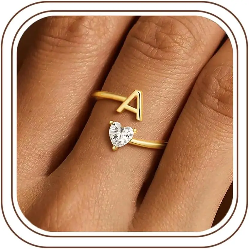Initial Ring for Teen Girls Women Mom - Adjustable Initial Rings Dainty 14K-Gold-Plated Rings Love Heart Ring Jewelry Gifts for Women Mom Wife Girlfriend Teen Girls