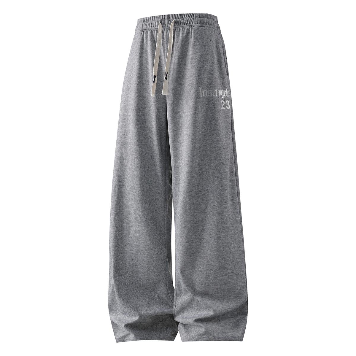 Cloud-Soft Loungewear Mens Heather Grey Baggy Wide Leg Sweatpants Casual Drawstring Elastic Waist Relaxed Fit Trousers with Gothic Letter Print for Home Relaxation and Daily Wear