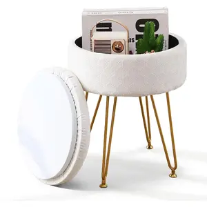 Velvet Storage Ottoman Round Footrest Stool Multifunctional Upholstered Ottoman Modern Accent Vanity Stools Tray Top Coffee Table Suitable for Living Room Bedroom Entryway Cream
