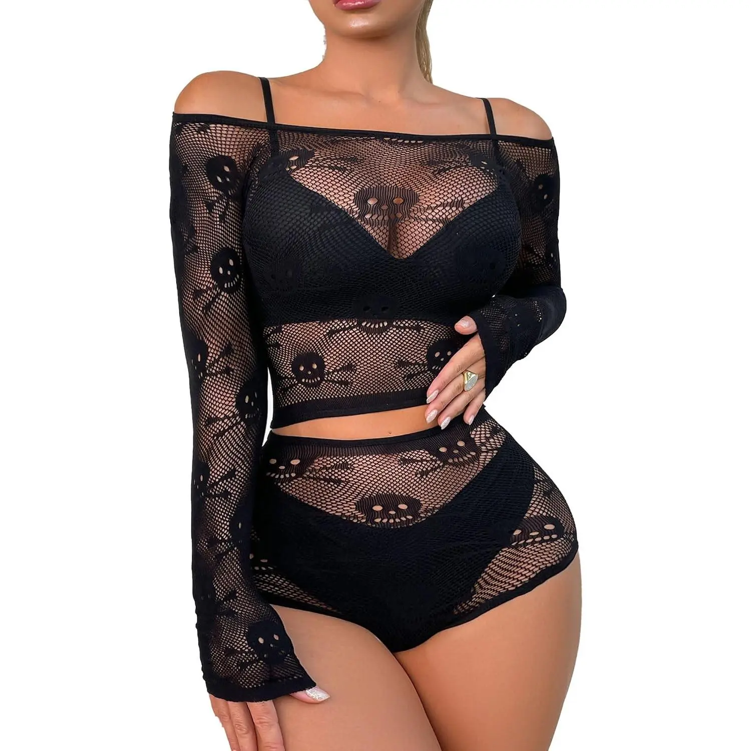 Women's Skull Patterned Fishnet Lingerie Set - Two Piece Top & Panty Halloween Cosplay Costume(Gift)