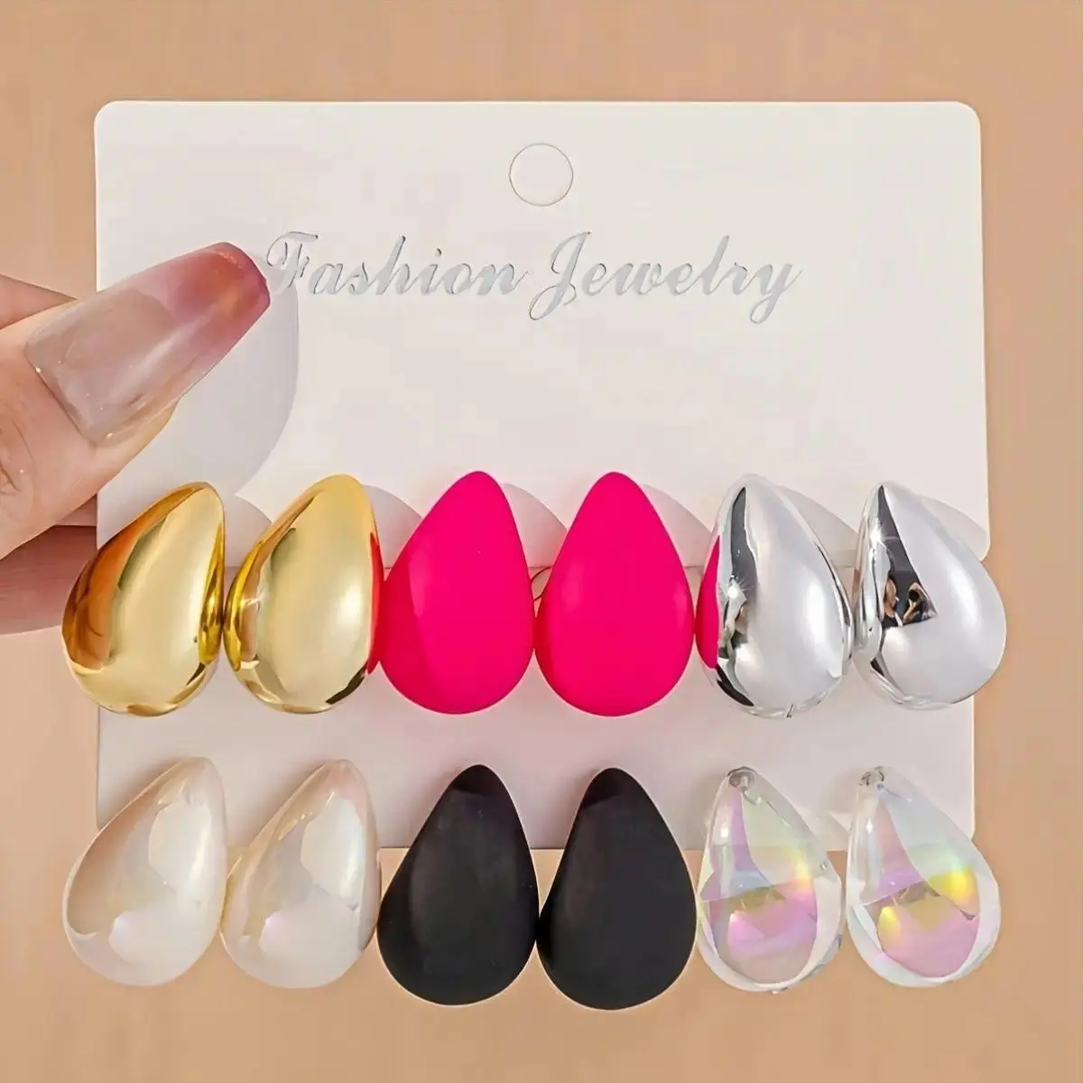 Women's 6-Pair Vintage Teardrop Earrings Set, Acrylic with Metallic, Iridescent Shell & AB Finishes, Stainless Steel Posts, Stylish Accessories, Drop Earrings, Fashion, Female, Metallic Accents, Vintage Fashion Accessory Sets, Stainless Steel Jewelry, Iri