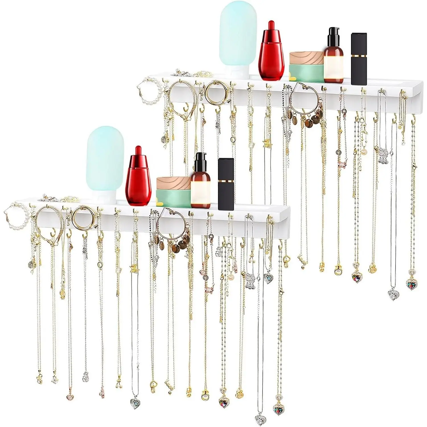 Extra Large Wall Necklace Organizer with 30 Hooks, Jewelry Tray & Cosmetics Shelf, Rustic Pine Wood, 2 Pack Double WhiteGift
