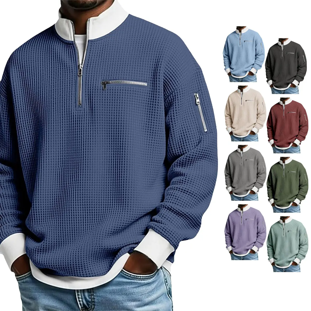 Men's Outdoor Soft Waffle Knit Quarter-Zip Pullover Sweatshirt - Contrast Stand Collar, Long Sleeve, Zipper Pockets, Breathable Casual Knitwear for Fall Winter Daily Wear