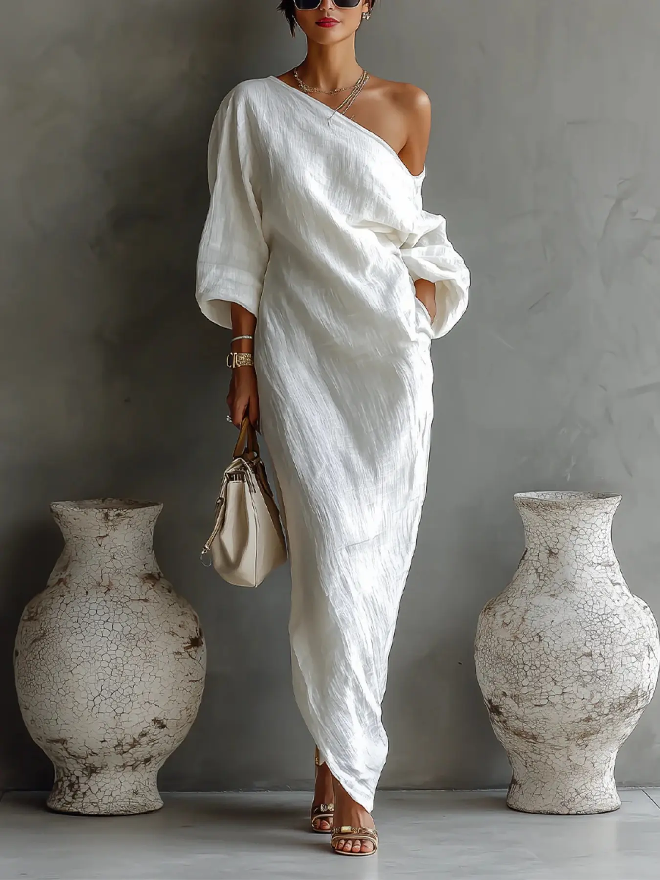 2026 New Arrival Women's Long Sleeve Off-Shoulder Dress, Elegant Midi Dress with Slanted Shoulder Design, Casual Chic Style, Casual Wear, Midi Length