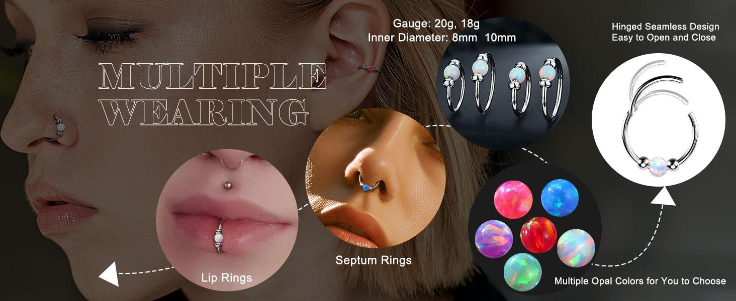 2PCS 316L Surgical Steel Nose Rings Hoop 18g 20g Opal Nose Rings for Women Septum Rings 8mm/10mm Nose Piercing Jewelry Cartilage Earring