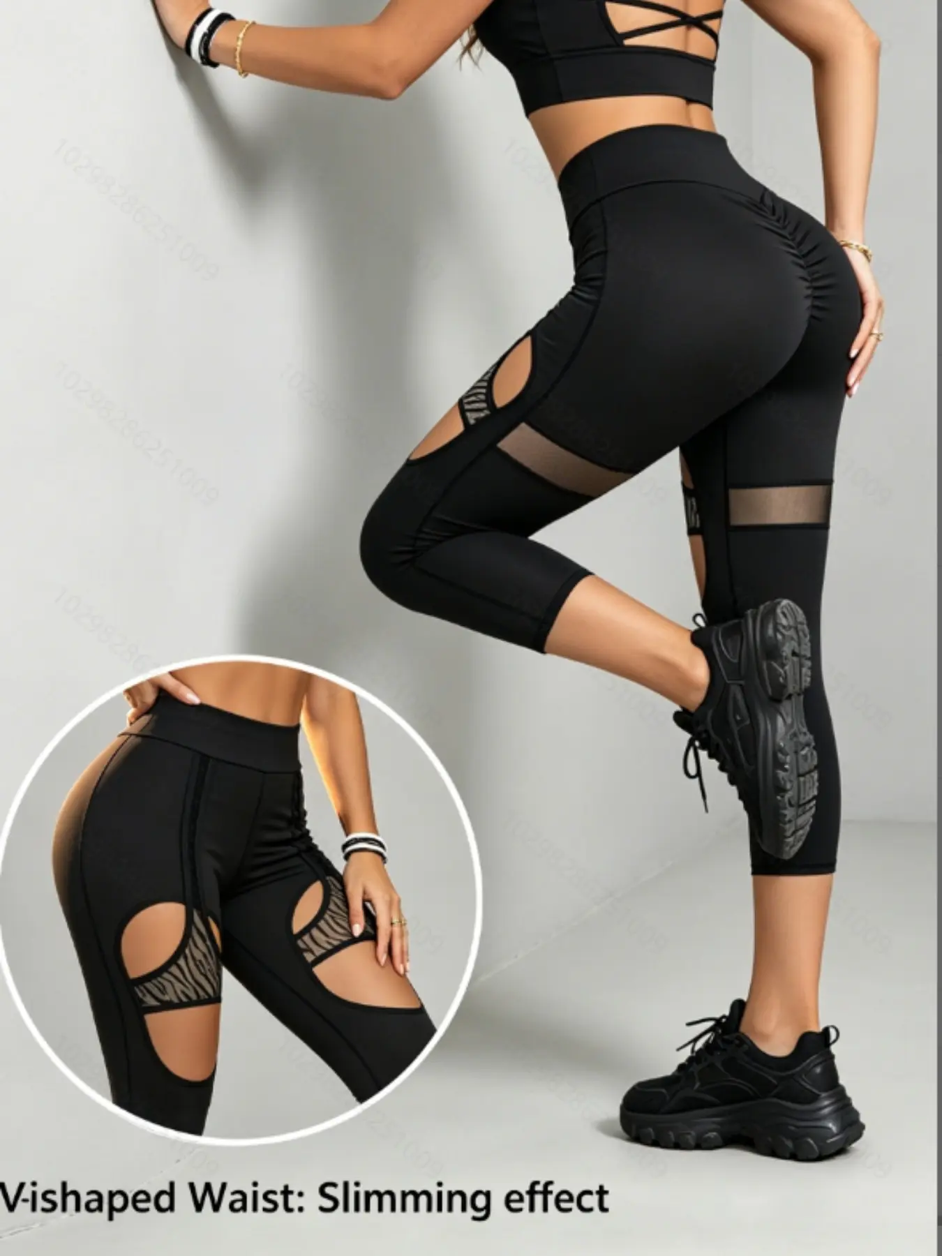 Sexy black openwork breathable mesh cropped trousers Leggings for women; cool summer wear with high elasticity, a high waist that doesn’t dig in or feel stuffy, perfect for travel, work, exercise or running High Waists Leggings