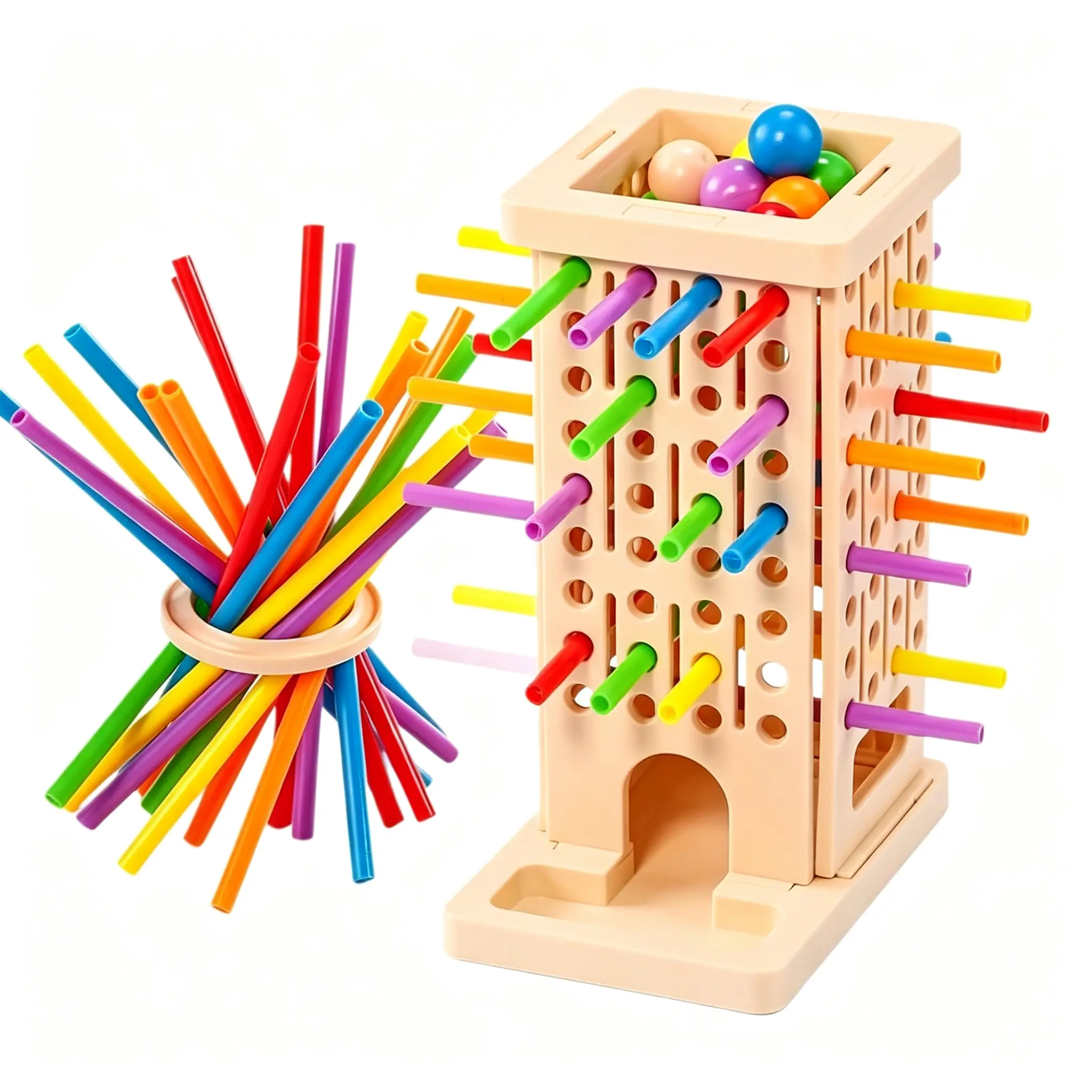 2-in-1 Pull Out Sticks Game Board, Classic Marble Drop Desktop Toy with Colorful Sticks and Dice, Interactive Family & Party Table Game for Kids & Adults