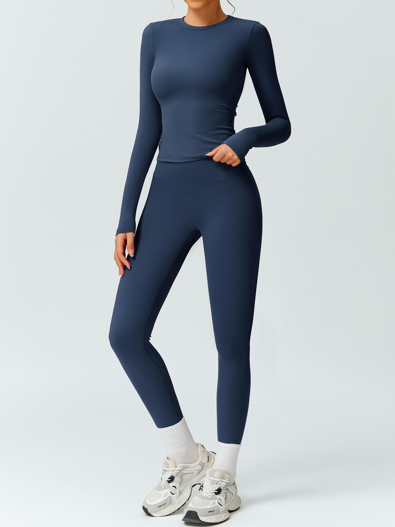 Women's Solid Color Long Sleeve Tee & High Waist Leggings Workout Set, Sporty Comfy Breathable Outfits for Gym Running, Workout Running Clothes, Ladies Fall & Winter Sportswear