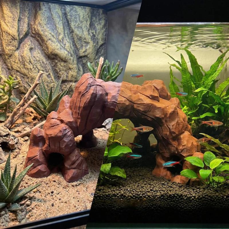 Double Scene Universal 3D Printed Desert Cave, Reptile Lizard Safe Hideaway, Aquatic Tank Decor, Sandstone Texture, Top Plant Design