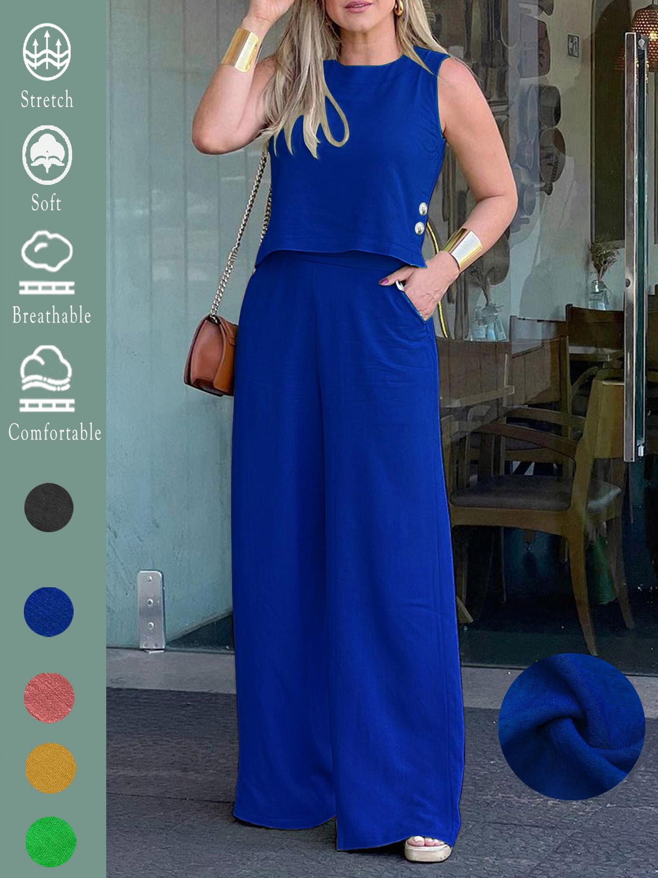 Women's Elegant Solid Color Loose Sleeveless Round Neck Wide Leg Pants Set 2pcs, Comfortable Summer Casual with Pockets for All Seasons, Stylish Set for Holiday & Daily Wear