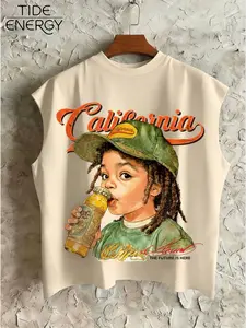 Vintage California Theme Watercolor Portrait Print Sleeveless Top, Loose-Fitting Breathable Vest, Unisex Summer Streetwear