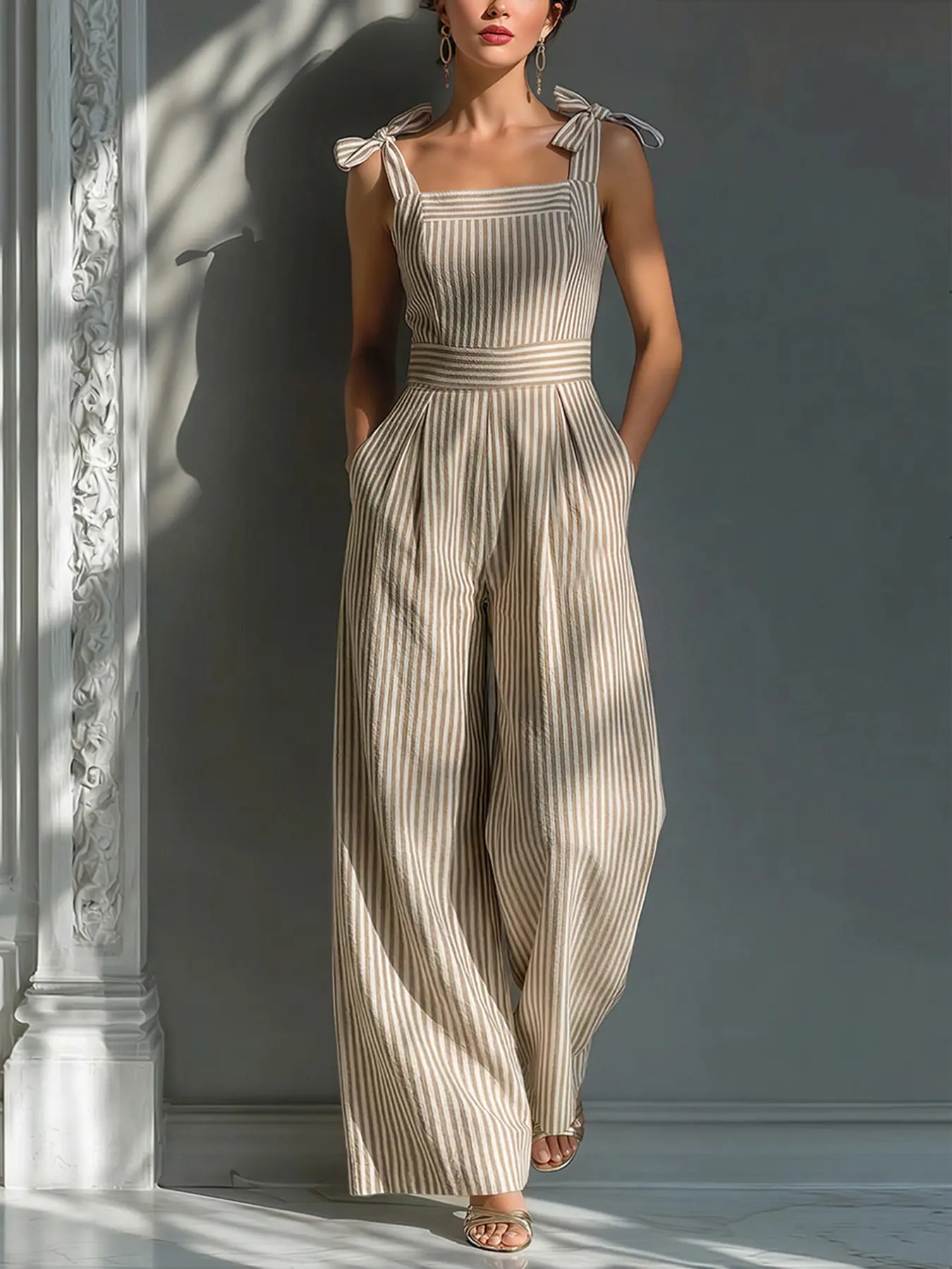 Spring Summer New Waist Cinch Slimming Striped Textured Material Shoulder Strap Tie Front Camel Color Women's One-Piece Pants