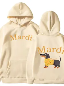 Mardi Letter Cartoon Weiner Dog Print Loose-Fit Hoodie, Casual All-Seasons Apparel, Comfortable and Stylish Design
