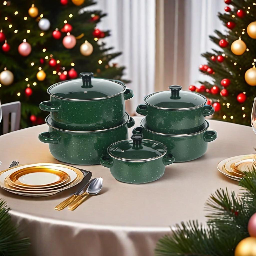 Enamel Pot Set, 5 Counts/set Multifunctional Stockpot with Lid & Handle, Stackable Pots, Ideal Cooking Tool for Home Kitchen Dining Room Barbecue