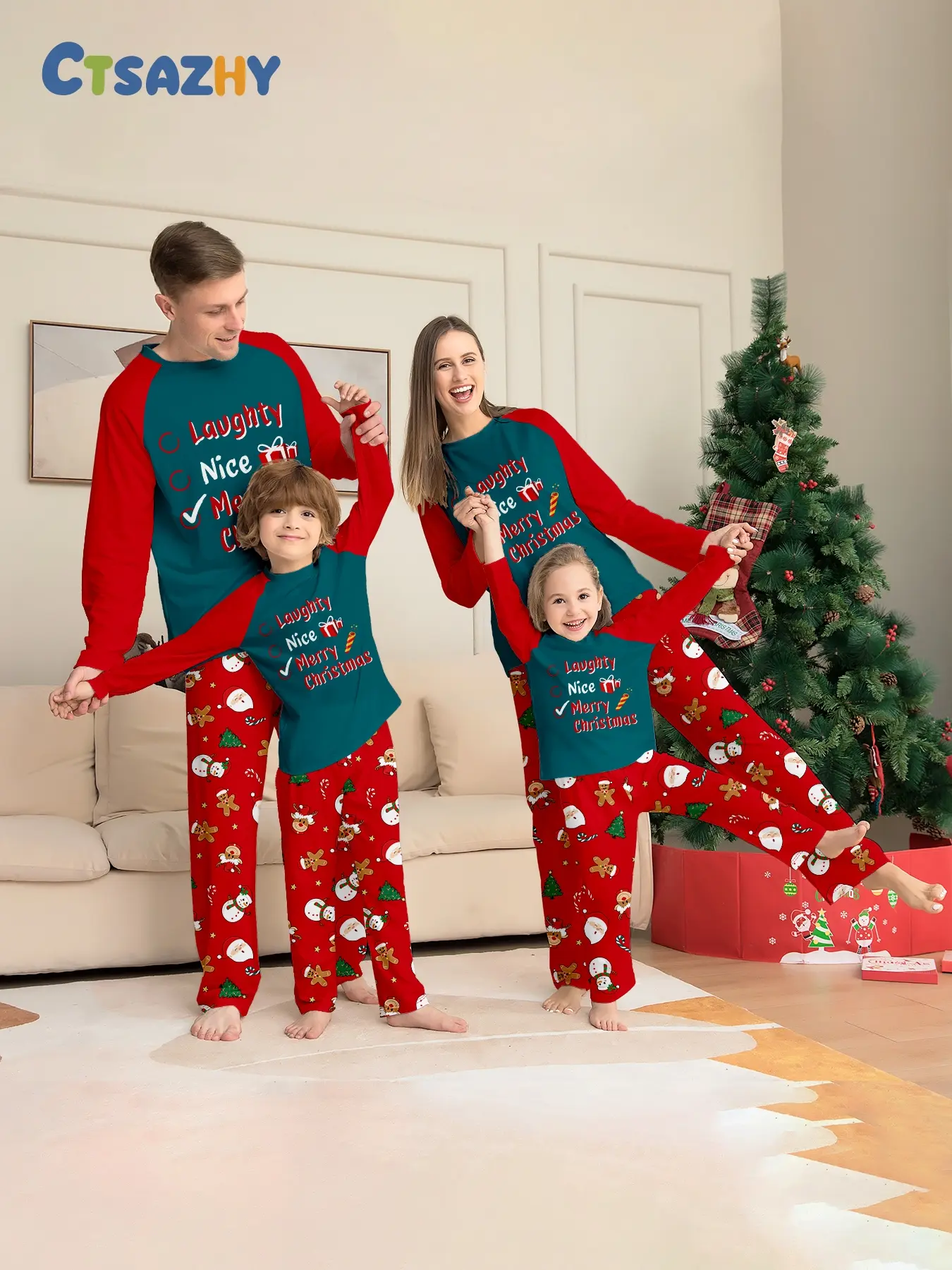 Christmas Red Black Plaid Raglan Matching Family Pajamas, Soft Color Block Loungewear for Adults, Kids, Couples & Family of 3/4