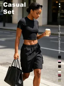 Women's Slim Fit Short Sleeve T-Shirt + Five-Quarter Pants Set, Breathable Quick-Dry Sportswear for Yoga, Running, Beach, Casual Outing