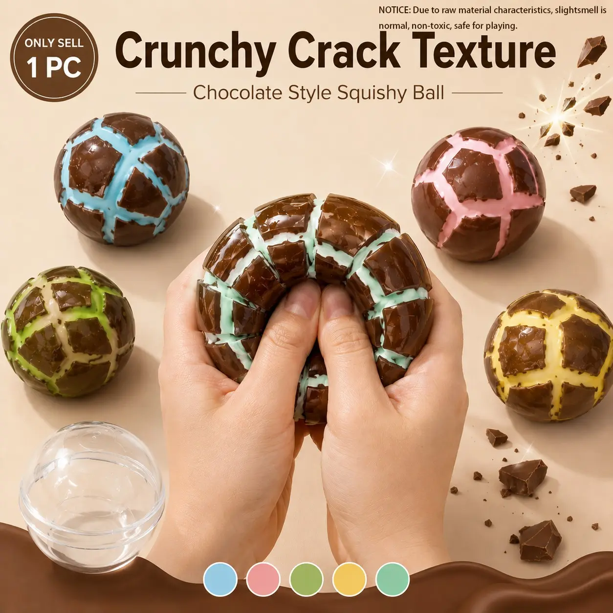 1 PC Crispy Chocolate Stress Relief Squishy Ball, Crunchy Crack Style Soft Squeeze Fidget Toy, Moldable Chocolate Inspired Sensory Toy for Desk, Home, Travel and Daily Play
