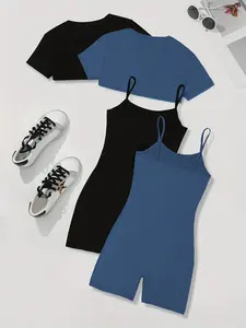 4 Piece Cutout, Crop Top Shrug + Biker Shorts Bodysuit Set, Casual Fitted Women's Short Jumpsuit, All Seasons Plain Surface