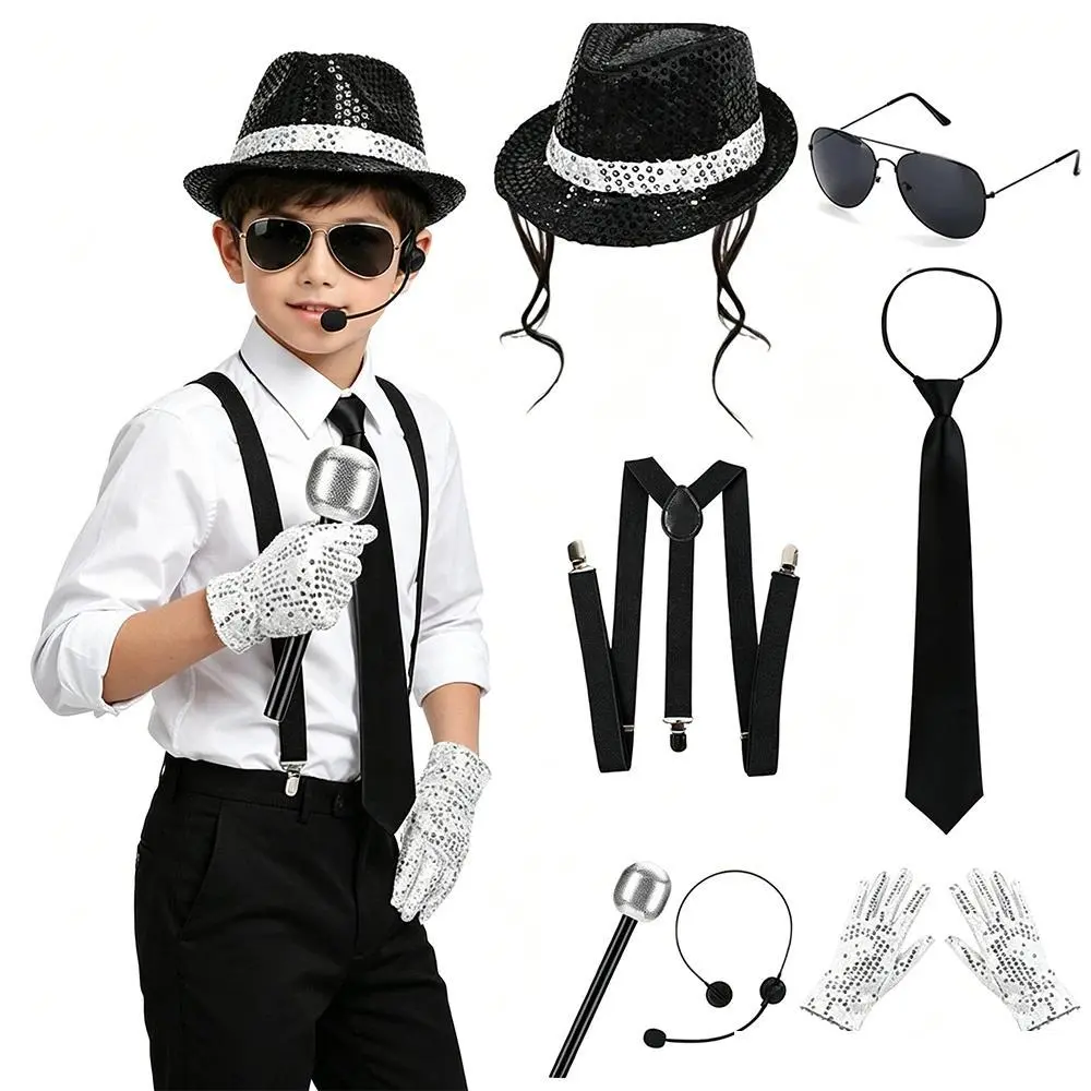 Michael Jackson Cosplay Accessories Set 80S Retro Disco Party Performance Kit with Sequin Hat Gloves Sunglasses Halloween Suit