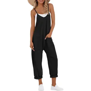 Jumpsuits for Women Casual V Neck Sleeveless Baggy Overalls Spaghetti Strap Jumpers with Pockets Summer Romper Clothes(Gift)