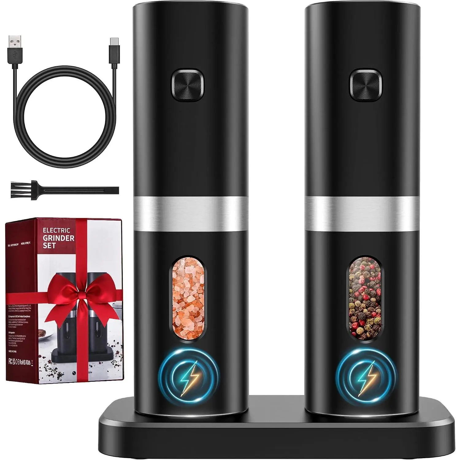 Electric Salt and Pepper  Set,  Base, Adjustable Coarseness | Rechargeable Salt and Pepper Mill with LED Light,  Hand  Shakers for Kitchen Appliances Birthday Gifts for Women
