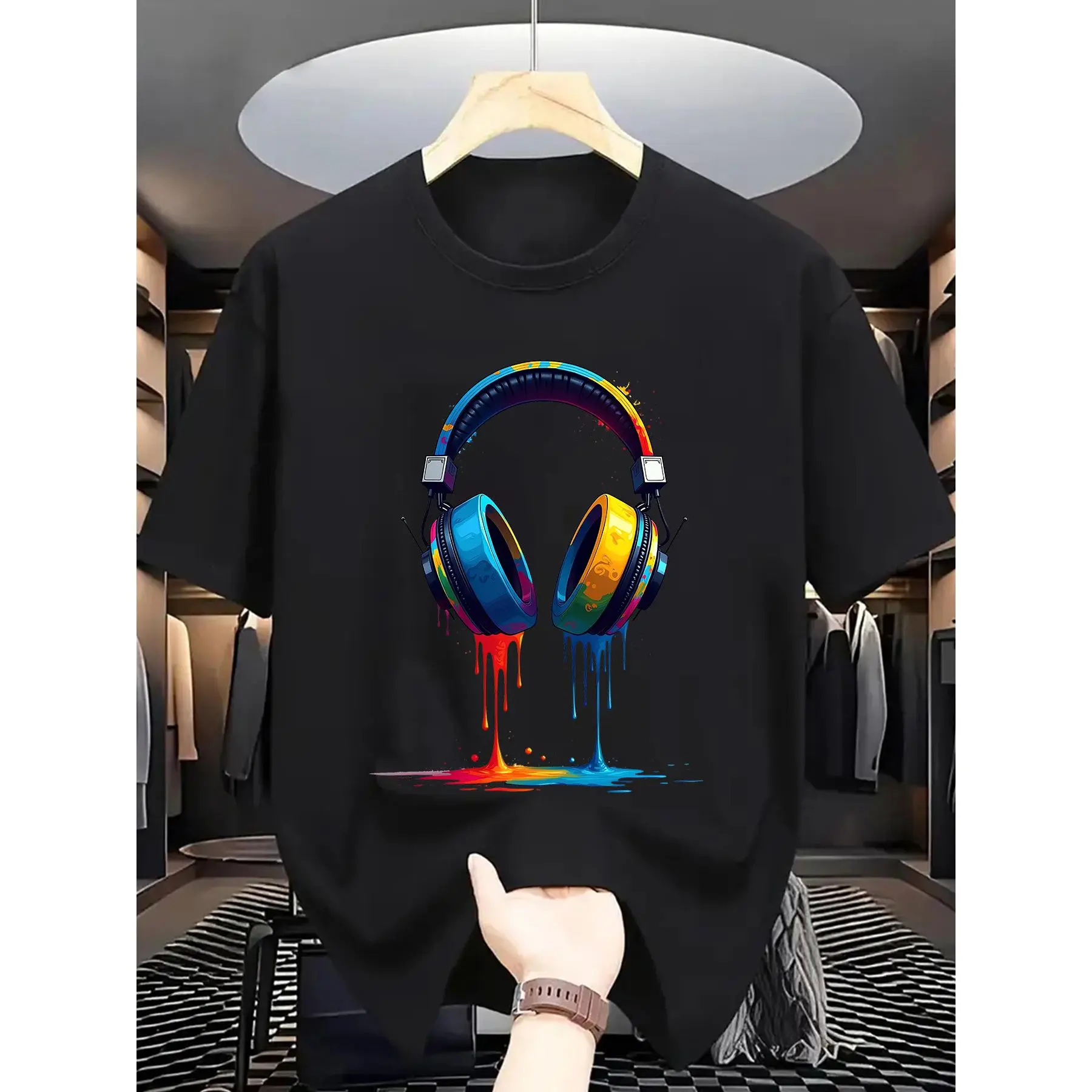 Colorful Drip Headphones T-shirt Dripping Paint Music Graphic 100% Cotton Black White S-3XL Men's DJ Art Casual-Wear Music-Lover-Gift