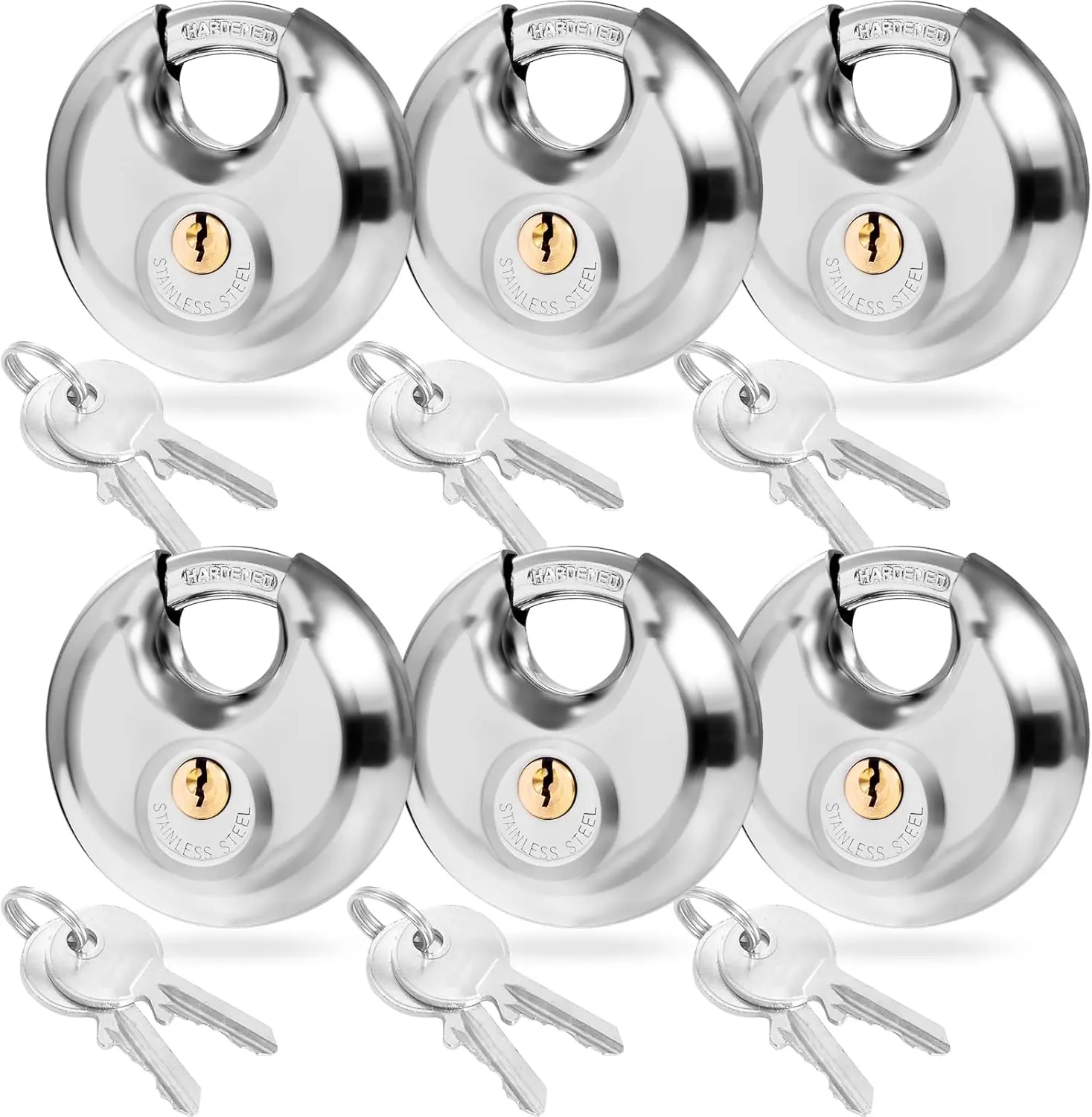 6 Pack Keyed Alike Round Shield Disc Padlocks - Heavy-Duty Stainless Steel Padlocks with 2-3/4" Body, 3/8" Shackle, Rustproof, Weather-Resistant for Storage Units, Sheds