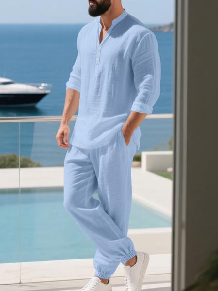 Men's Casual Long Sleeve Cuban Henley Shirt & Loose Pants Set, Beach Vacation, Comfortable Breathable Linen Fabric, Spring Summer Fashion