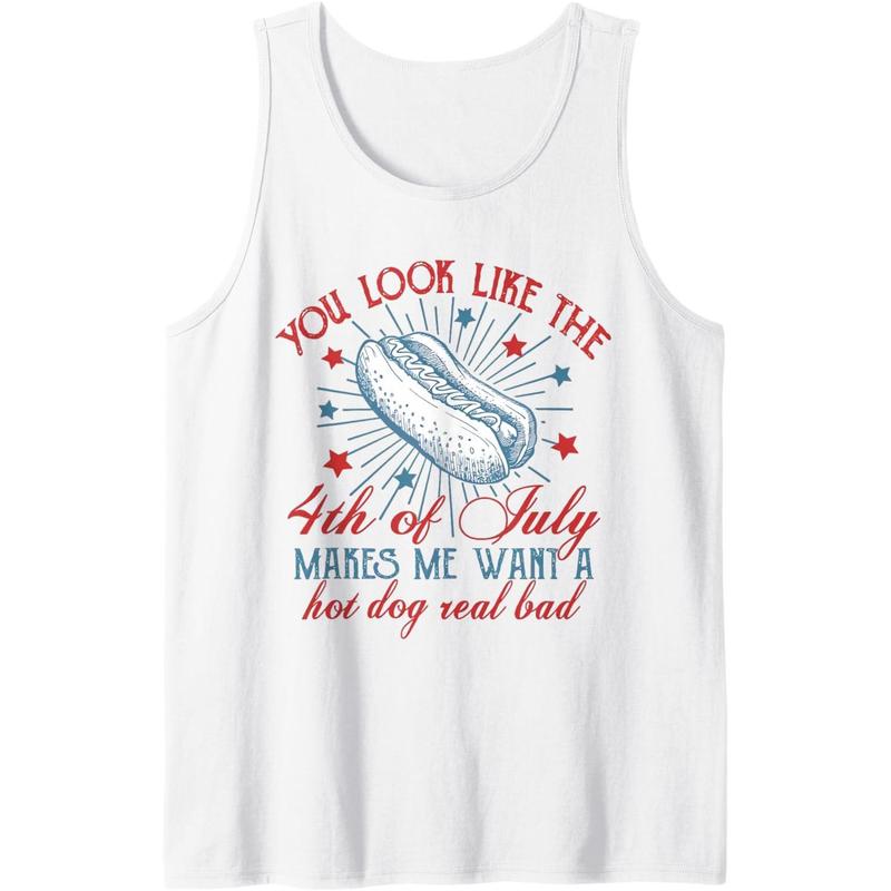 Women’s Vintage Racerback Tank Top - "You Look Like The 4th Of July Makes Me Want A Hot Dog Real Bad" Funny Patriotic Fashion Top, Soft Basic Fit For Summer Day Sleeveless Casual Vest