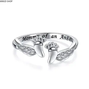 Women's Adjustable Polished Silver Memorial Ring - Fingerprint Engraved Footprint Wing Design, Statement Multi Ring, Sympathy Gift for Mothers Who Lost a Child, Fingerprint Engraved Rings Fit Aesthetic