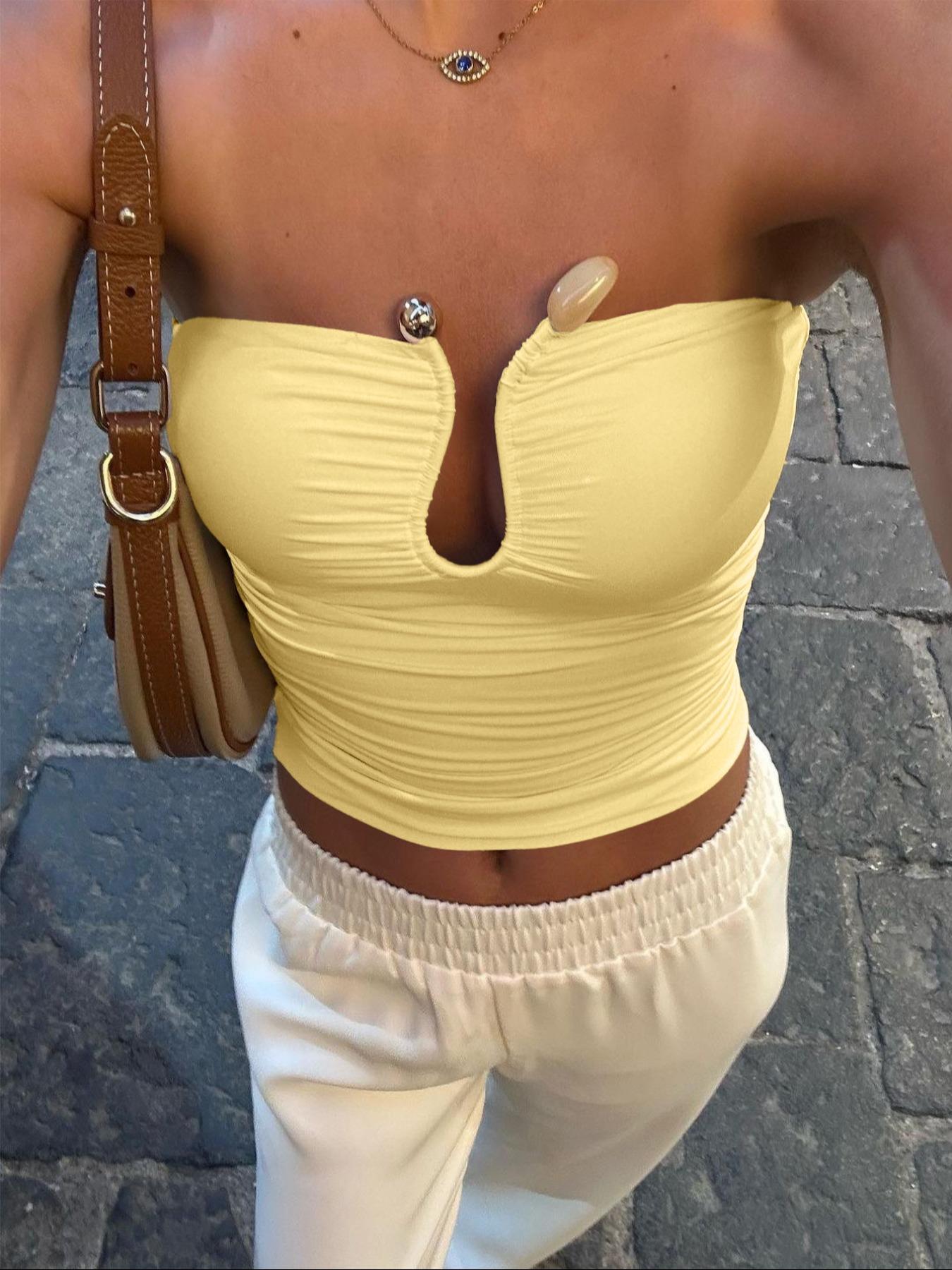Women's Solid Color Cut Out Crop Tube Top, Casual Sleeveless Slim Cropped Top for Summer, Fashion Women's Top for Daily Wear