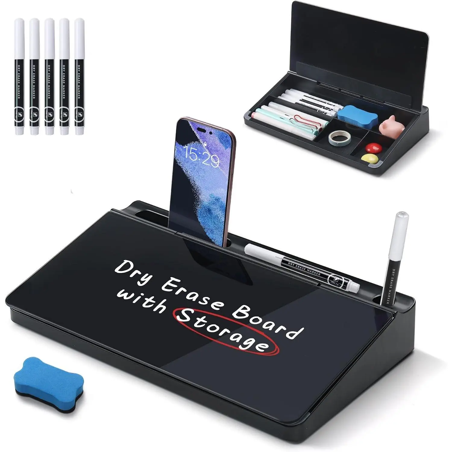 Tempered Glass Desktop Whiteboard with Storage Drawer, Multi-Use Desk Organizer & Keyboard Stand, 5 Markers, 1 Eraser, Black – Office Organization Accessory for School, Office, Accessories