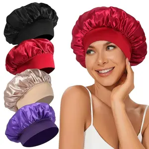 4 count Satin Bonnet Silk Bonnet, Hair Bonnet for Sleeping, Elastic Wide Band Silk Sleep Cap, Soft and Breathable (Black Red Purple )