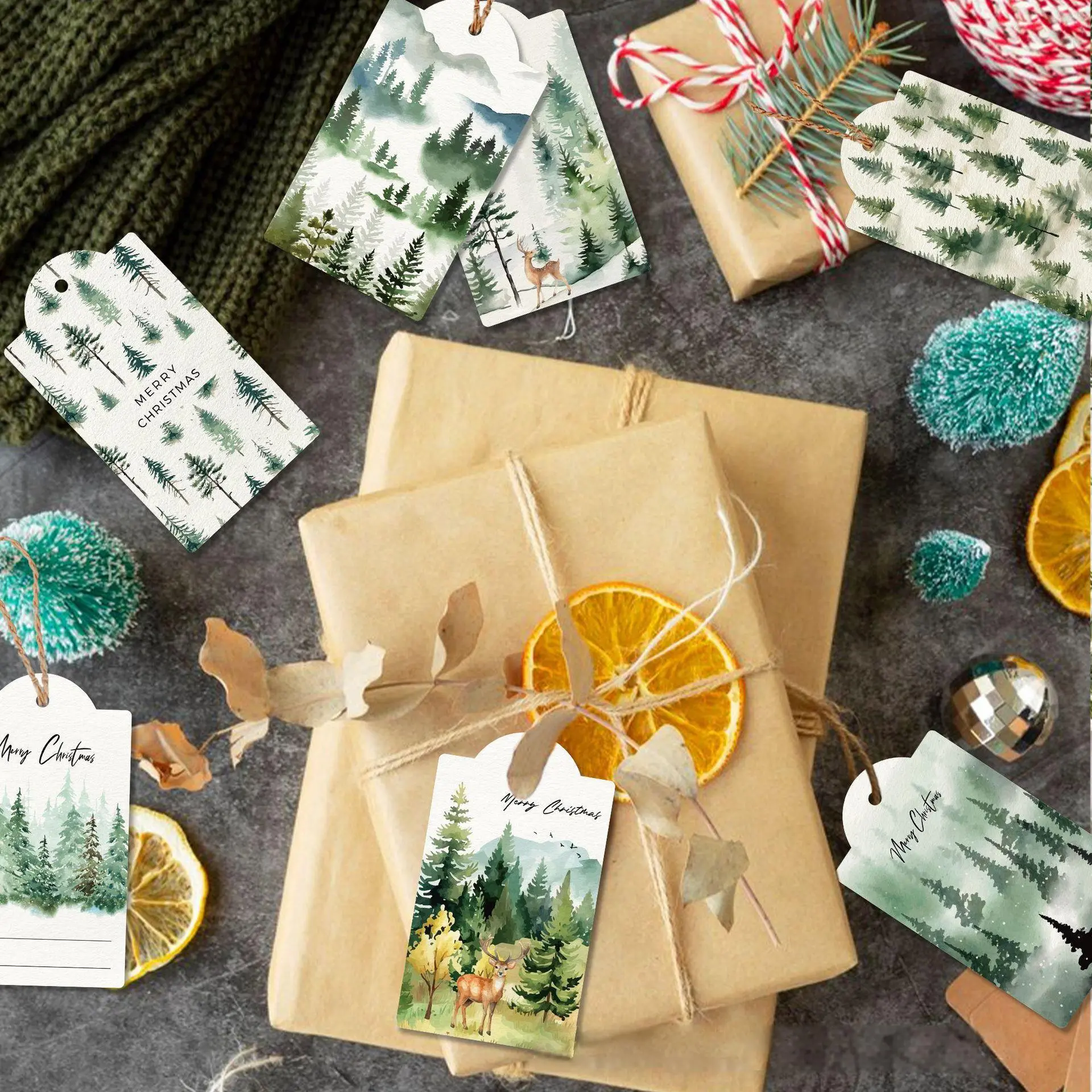 Christmas Gift Tag, 60pcs/set Tree Pattern Kraft Paper Gift Tag with 30m Rope, Gift Wrapping Decoration Supplies for Home Party Festival