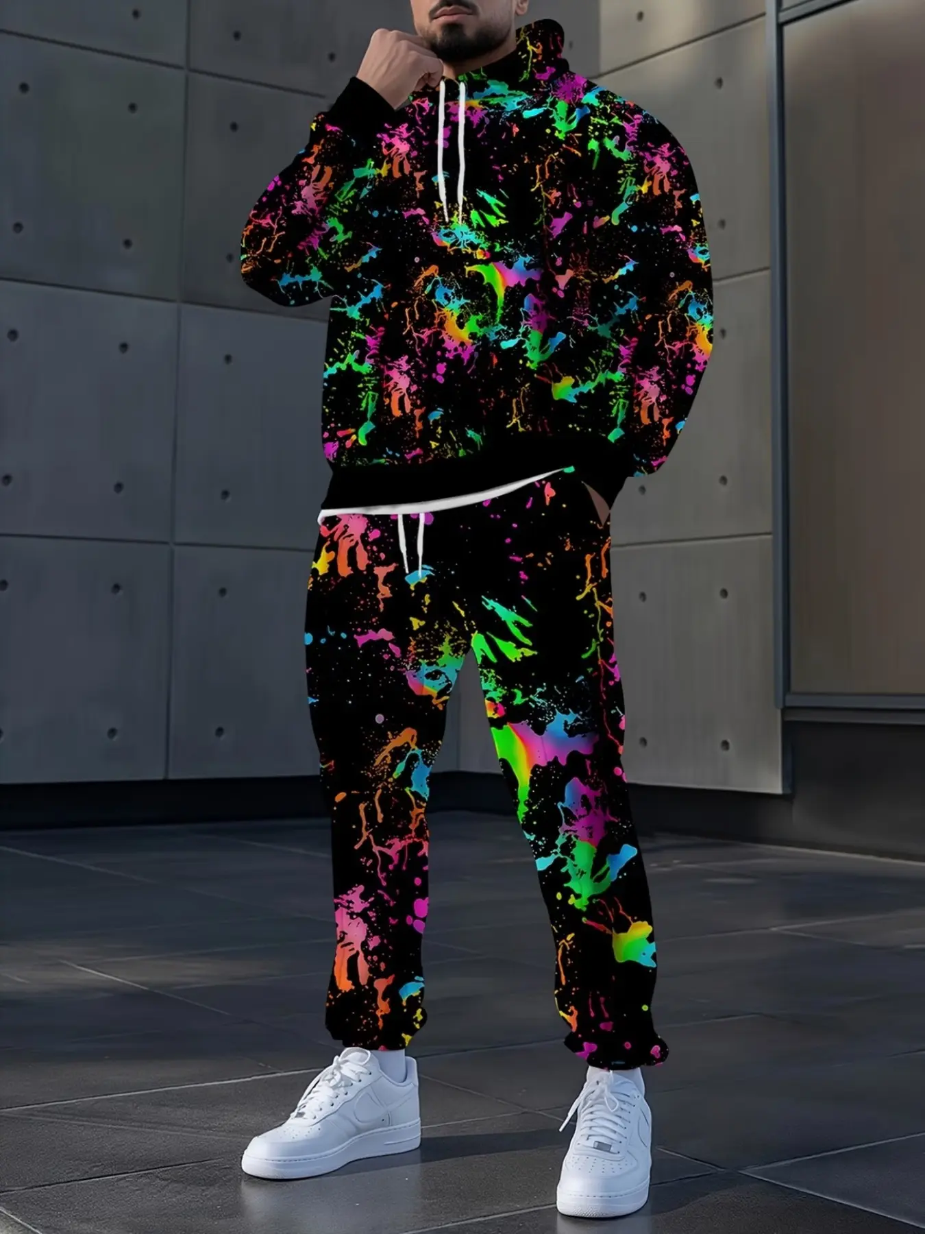 Men's Fall Winter Fashion Casual Set, Colorful Graffiti 3D Print Long Sleeve Hoodie + Pants, 2-Piece, Polyester, All Seasons Wear