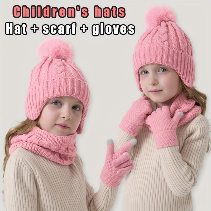 3pcs Winter Warm Hat, Gloves & Scarf Set - Soft Stretchable -like Ear Protection Outfit with Pink Bow-like Pom-Poms, Beige//Gray Color Options for Boys & Girls (Ages 3-8) - Hand Washable Cold Weather