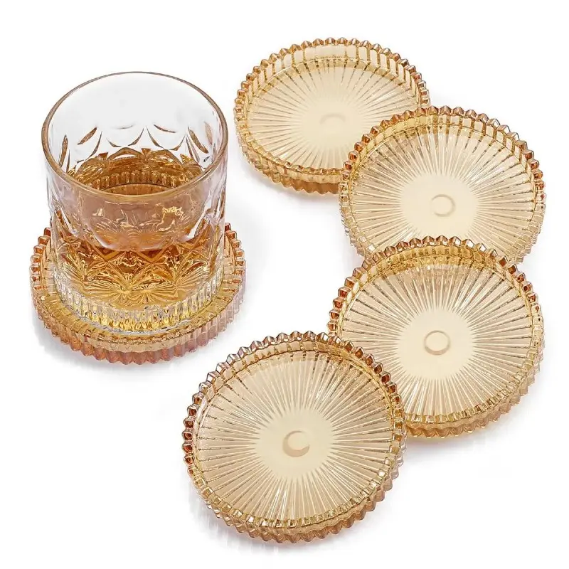 Modern Clear Coasters Set of 5- Glass Cute Coasters for Drinks, Amber | Crystal Coaster Round Chic Cup Mat Cute Coffee Table Coaster for Kitchen, Bar, Dining Room, Living Room, Patio