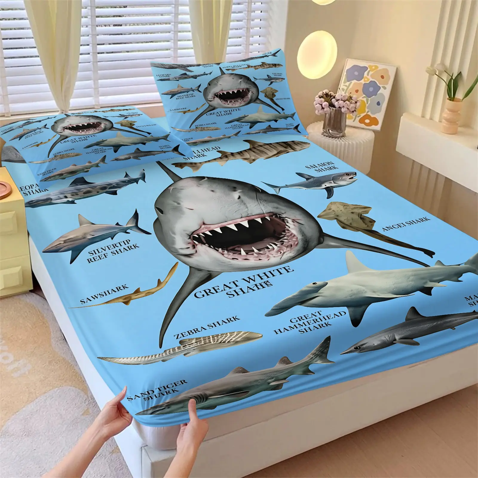 Sky Blue Shark Encyclopedia Fitted Sheet Set & 2 Pillowcases No Core-Realistic Shark & English Name-Soft Breathable Non-Slip-Children's Room/Marine Life Lover's Bedroom/Summer Fresh Minimalist Home Decor