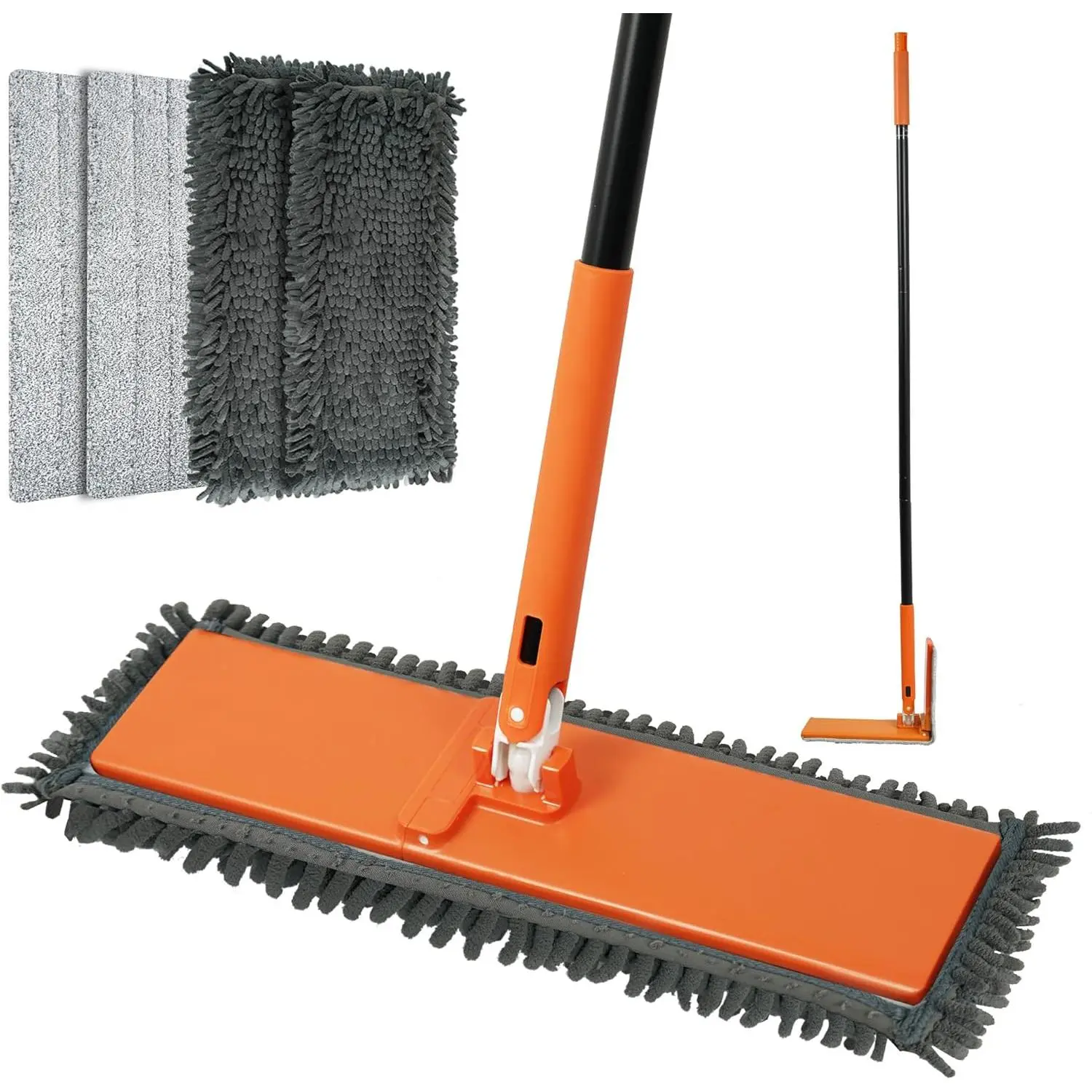 Dust Mop for Hardwood Floors, Broom Duster with  90? Foldable Panel, 2 Chenille and 2 Microfiber Pads, Dry Wet Flat Dustmop for Cleaning Vinyl, Laminate, Tile, Marble (Orange)
