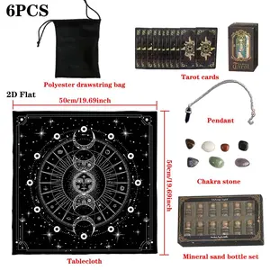 6pc Galaxy Zodiac Tarot Reading Set, Bohemian Style, Includes 78 Tarot Cards, 12 Crystal Bottles, 7 Chakra Stones, Gift for Tarot Scholars
