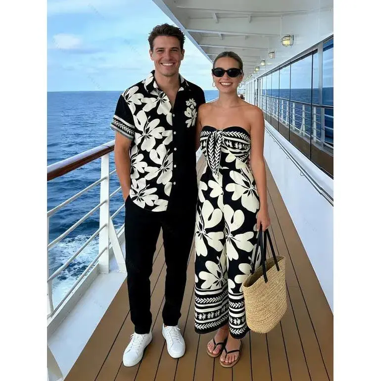 2026 Hawaii Couple Outfit Tribal Hibiscus Floral Print Bowknot Off the Shoulder Jumpsuit and Shirt Set