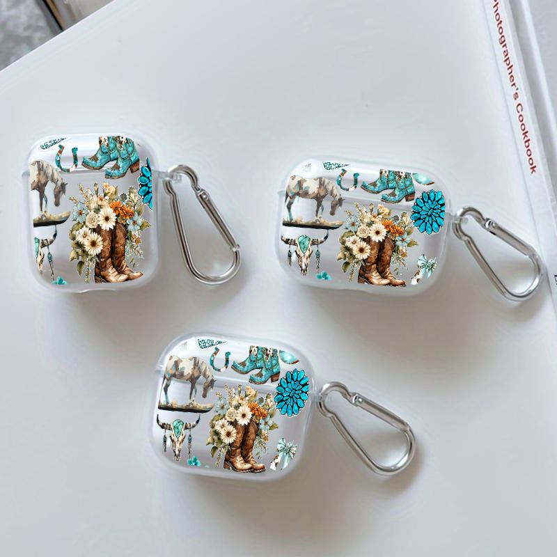 Western Charm Collage Pattern Protective Case for AirPods 4/3/2/1/Pro/Pro2 Soft TPU Earphone Cover, Transparent with Keychain