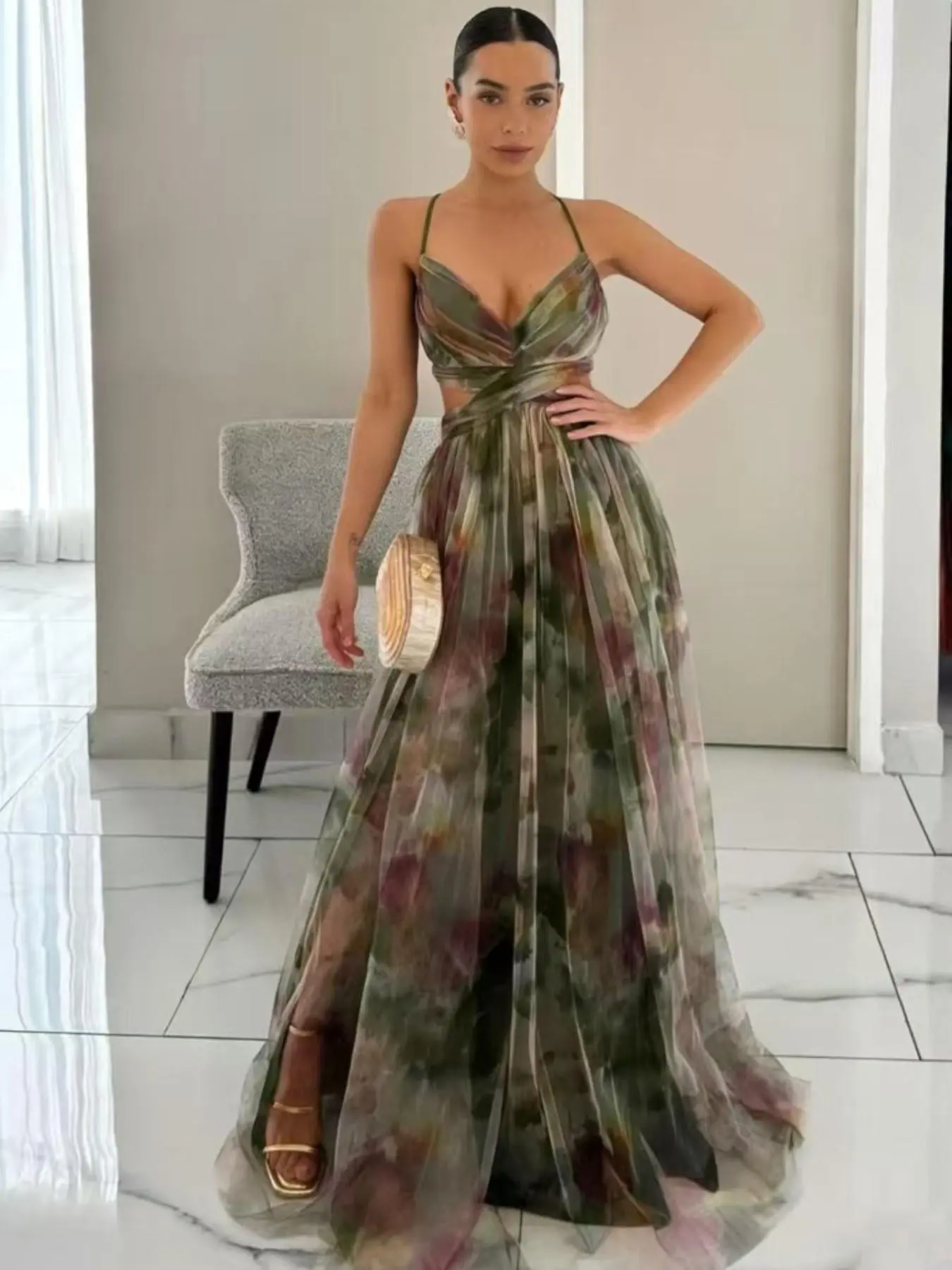 Women's 2026 Summer Fashion Sexy Floral Dress, Strapless Sleeveless V Neck Back Tie Long Dress, Comfortable Soft Fabric, Perfect for Parties and Weddings