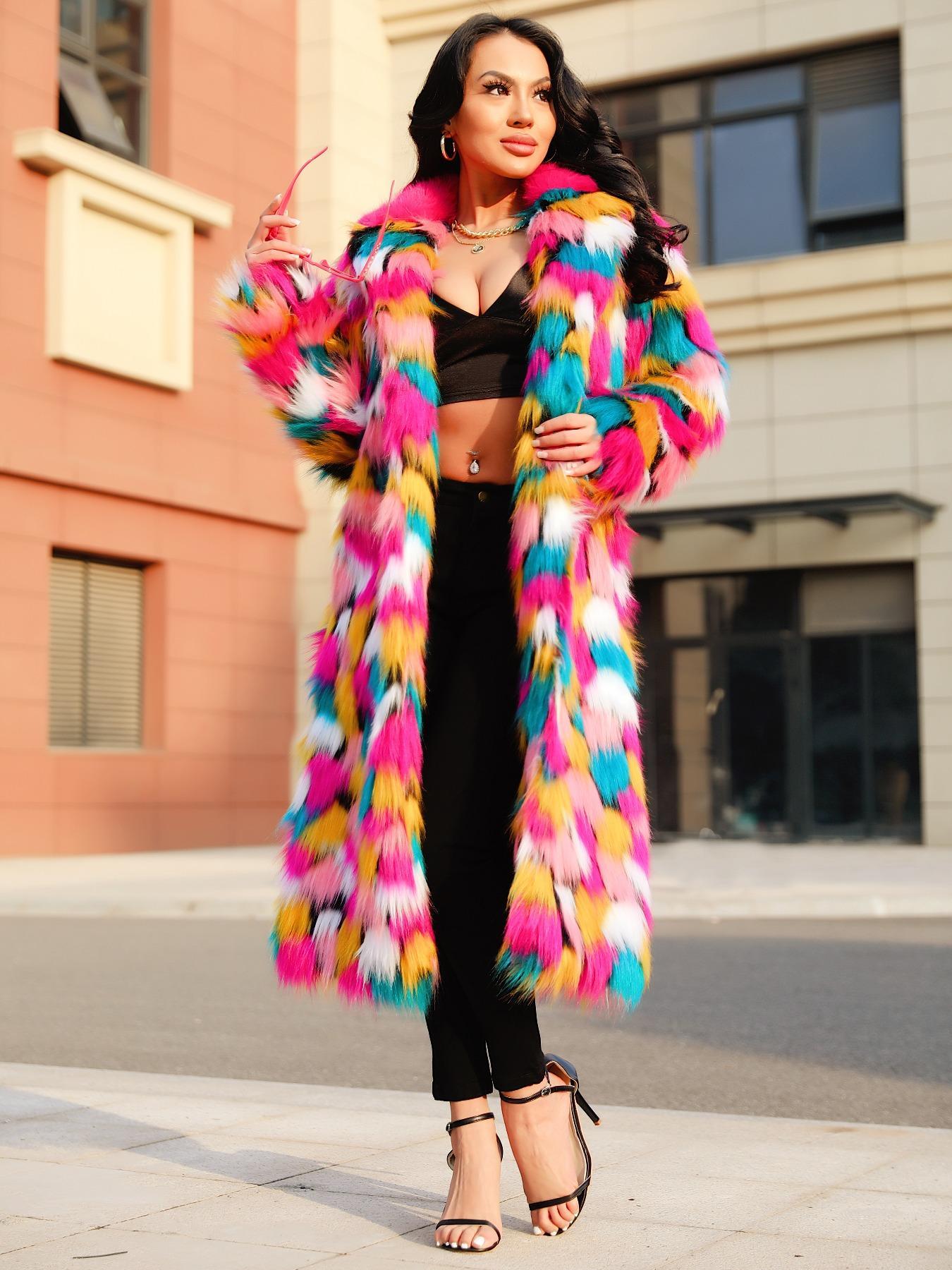 Women's Colorblock Faux Fur Jackets, Street Fashion Long Sleeve Fitted Coat for Daily Outdoor Wear, Women's Clothing for Fall & Winter, Fashion Outerwear