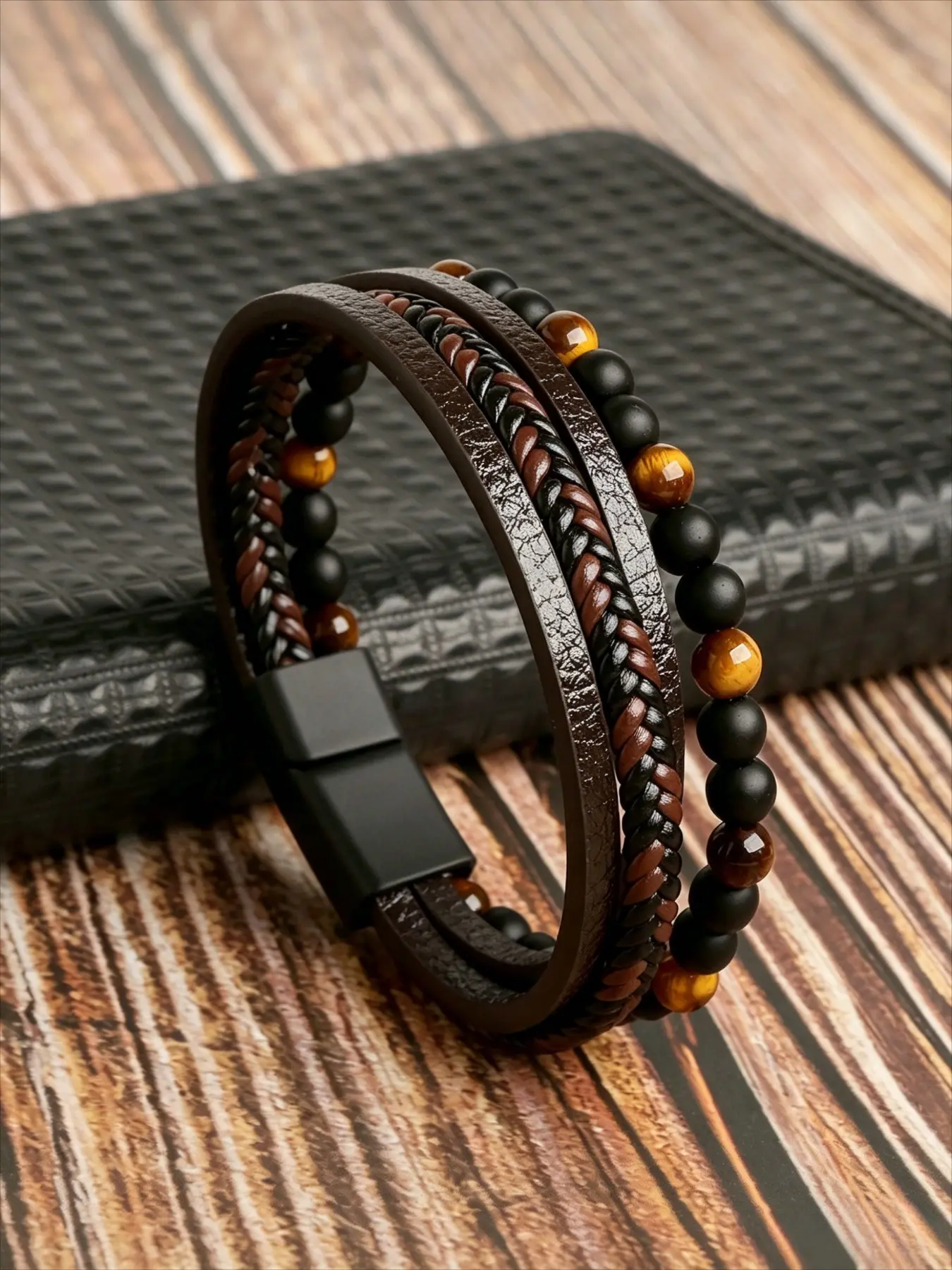 Men Leather Bracelet Classic Fashion Tiger Eye Beaded Multi Layer Leather Bracelet For Men Jewelry Gift