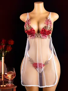 Women's Lace Embroidered Large Rose Semi-Transparent Sensual Dress, Suitable for Under 60kg, Mesh Sheer Tight Strap Nightgown, Loungewear