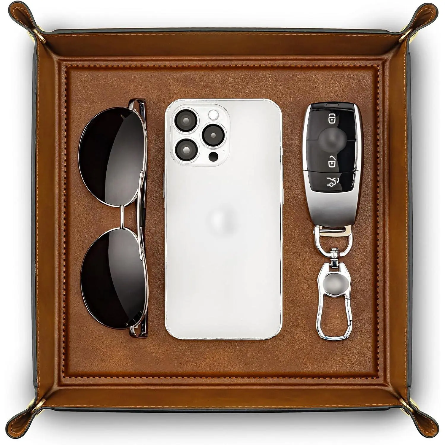 Travel Valet Tray, Foldable PU Leather Catchall Tray, Light Brown | Large 8.5-Inch Key Tray for Wallet, Watch, Phone,  and Glasses, Nightstand Dresser Desk Entryway Organizer