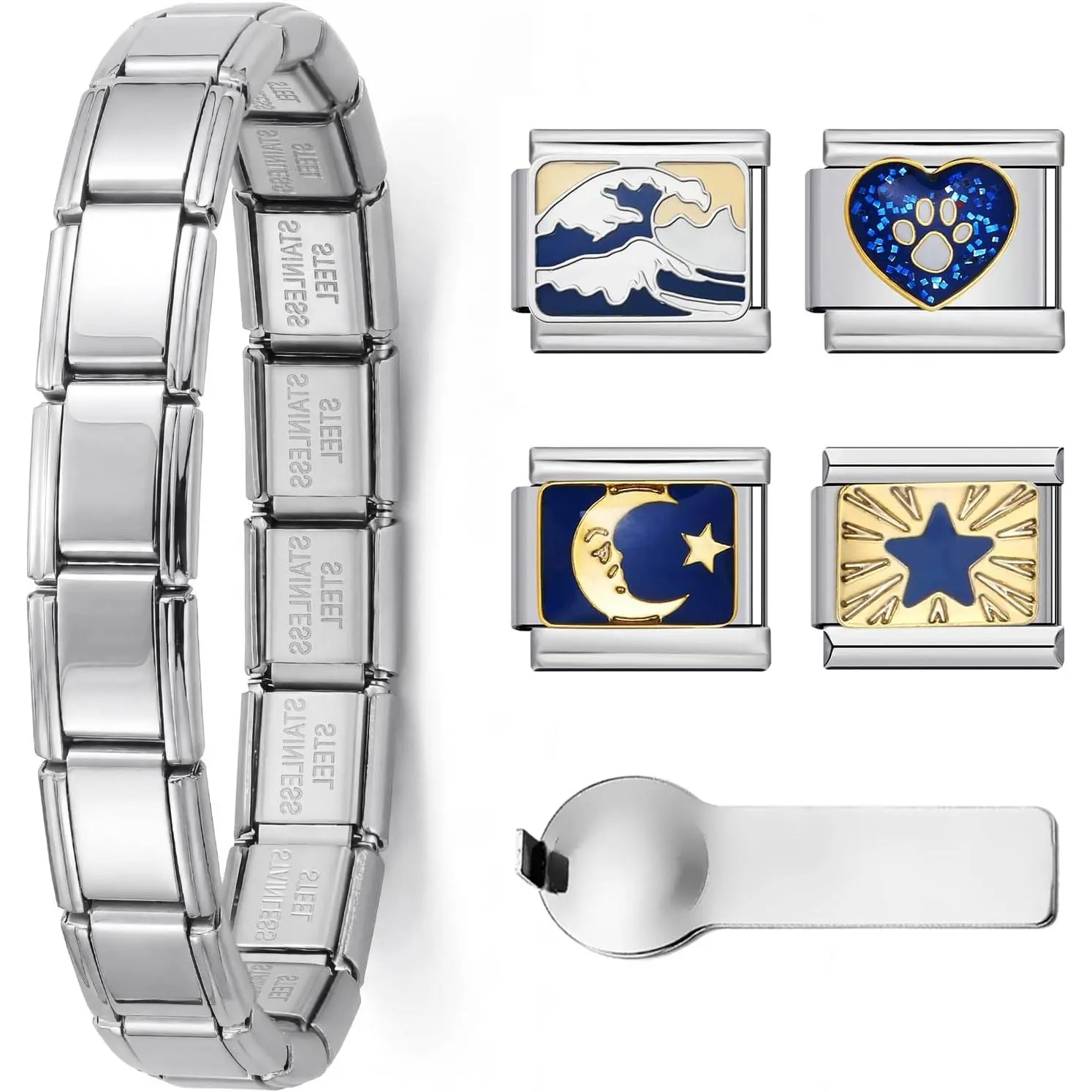 Italian  Bracelet - 18-Link 7.2" Stainless Steel 9mm Bracelet with 4 Interchangeable Charms (Moon/Wave/Paw) & Opening Tool for Women
